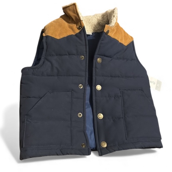 NEW!Carters Navy Snap Up Boys Vest W/ Contrasting Sherpa Collar and Tan Corduroy - Picture 1 of 7